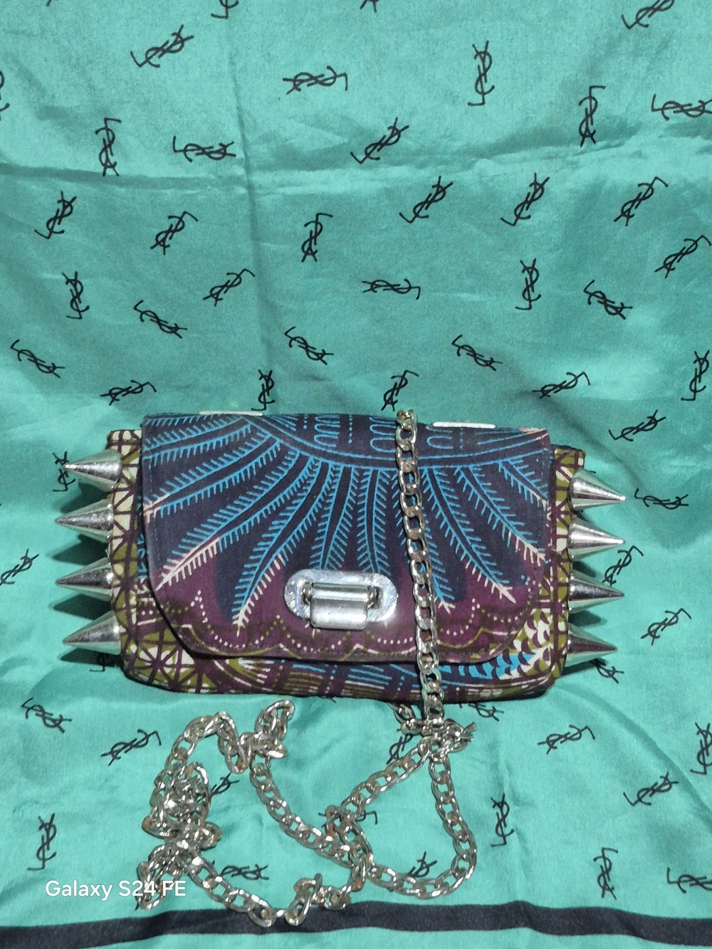 Studded Patterned Crossbody Bag in Purple and Blue
